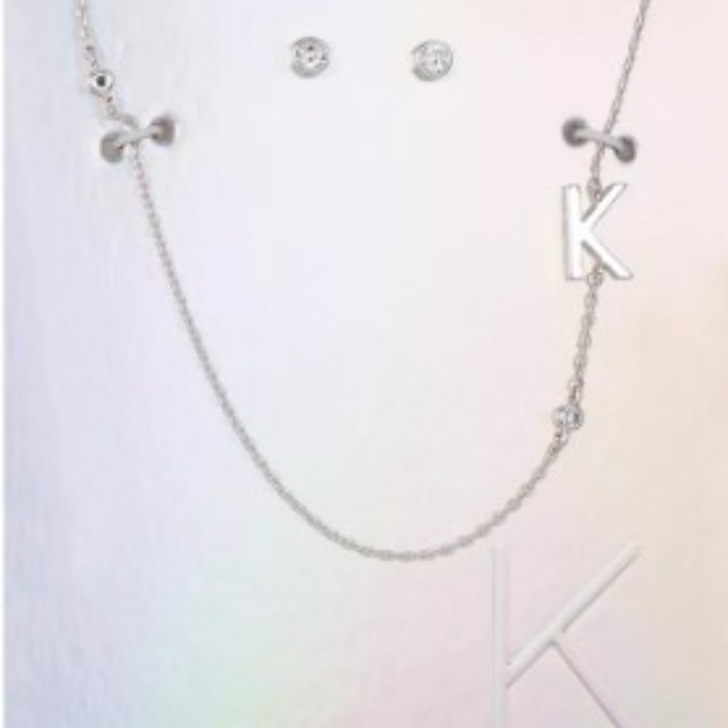 Unwritten Silver Plated Letter Initial Necklace With Cubic Zirconia Stud Earring 36$